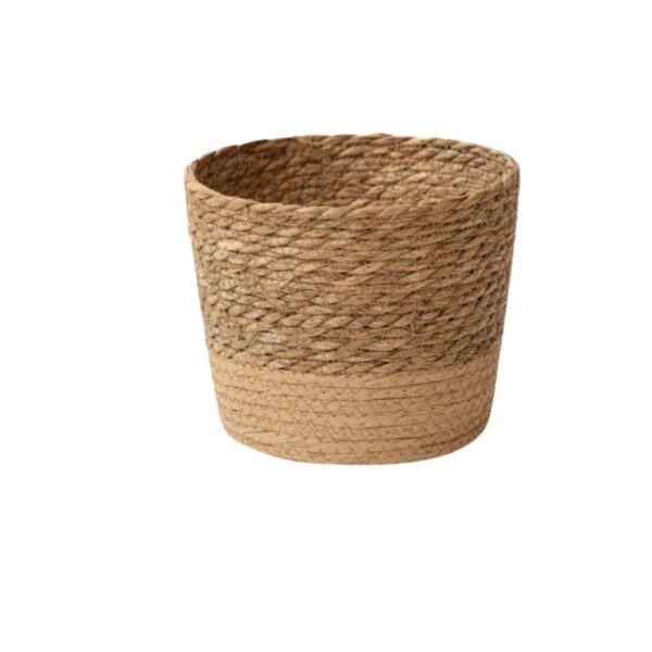Cache pot circulaire en rotin sur fond blanc