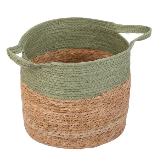Cache pot rotin beige et vert sur fond blanc