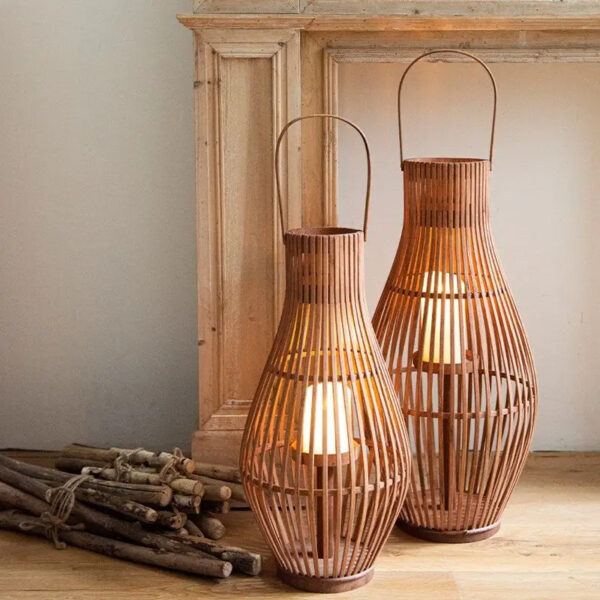 Lanterne effet rotin naturel pour bougie