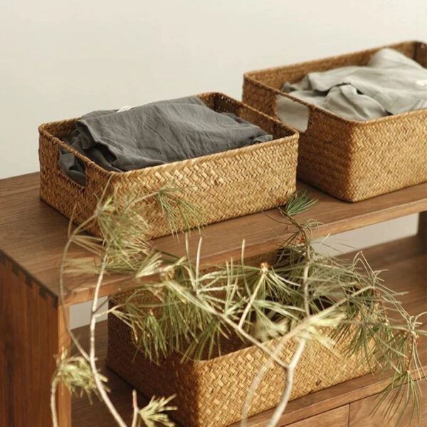 Panier rangement effet rotin avec deux poignées