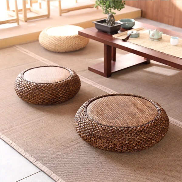 Pouf effet rotin rond style japonais