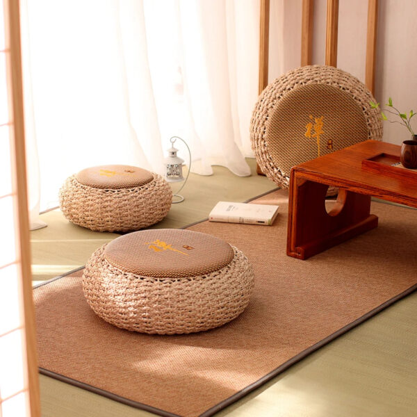 Pouf rond rotin et osier cosy style japonais