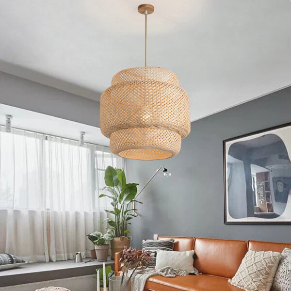 Suspension lumière rotin élégante au style chinois dans un salon